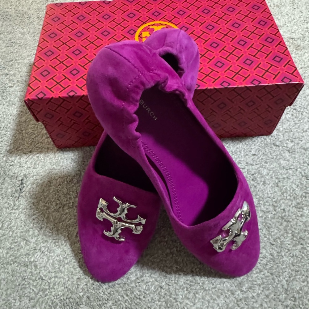 Tory Burch Magenta Suede Logo Flats